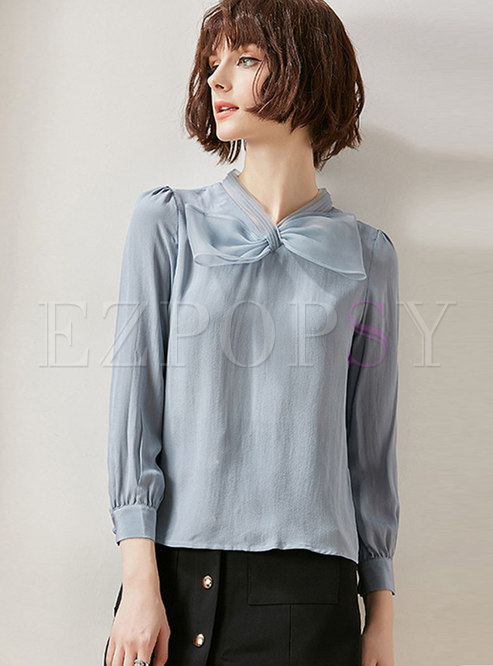 Elegant Pure Color Bowknot Pullover Blouse