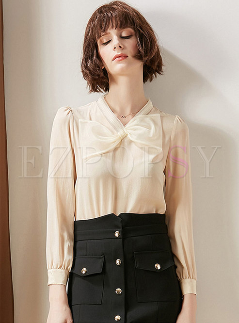 Elegant Pure Color Bowknot Pullover Silk Blouse