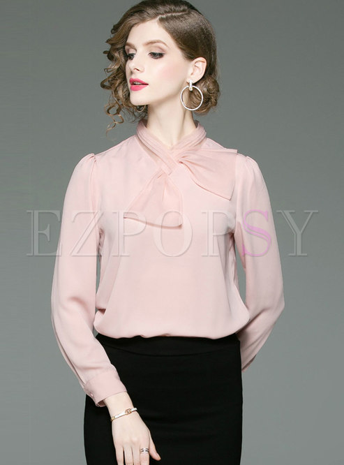 Casual Pink Tie-neck Bowknot Lace Blouse