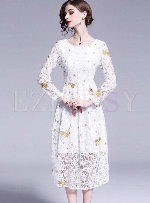 Elegant Embroidered O-neck Gathered Waist Slim Lace Dress