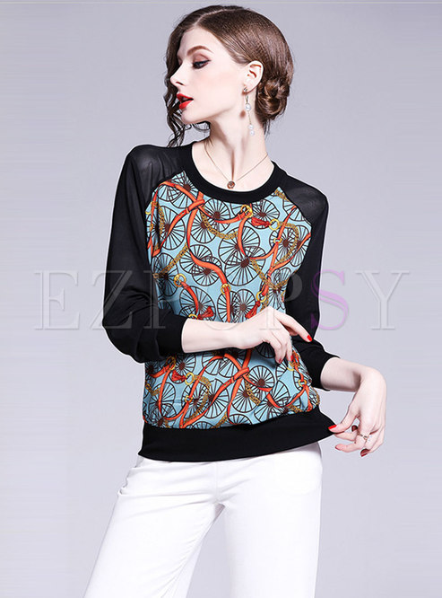 Tops | Blouses | Color-blocked Splicing O-neck Pullover Chiffon Blouse