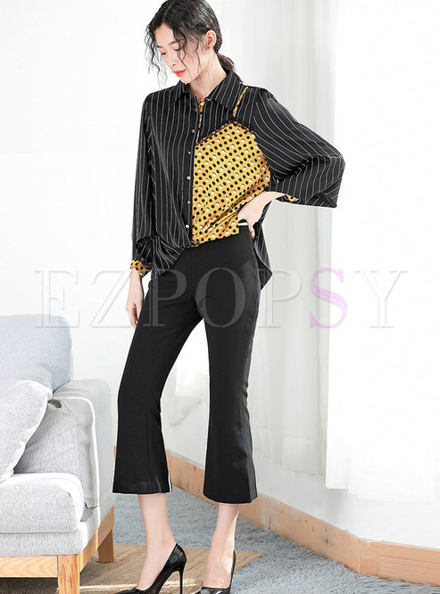 Casual Stitching Striped Blouse & Elastic Skinny Flare Pants