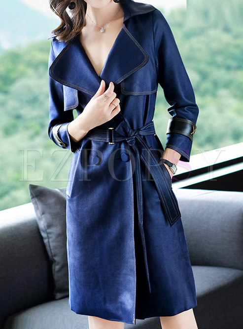 Blue Notched Long Sleeve Belted Trench Coat