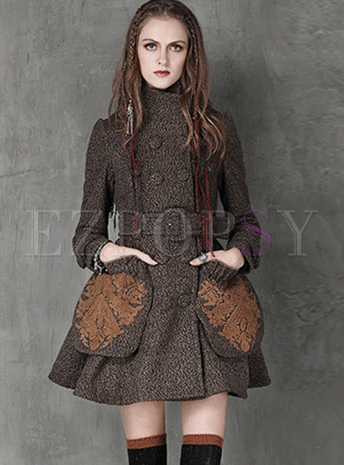 Stylish Stand Collar Double-breasted Woolen Skater Dress