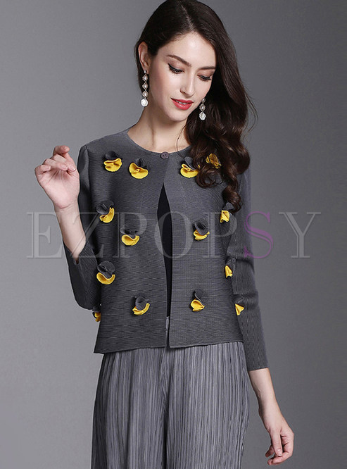 Casual Easy-matching Color-blocked Flower Top With Button