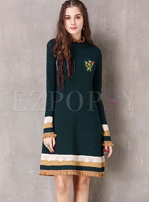 Fashion Ruffled Neck Color-blocked Knitted Dress