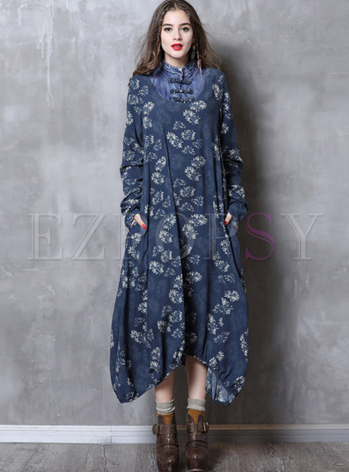 Retro Mandarin Collar Long Sleeve Print Plus Size Maxi Dress