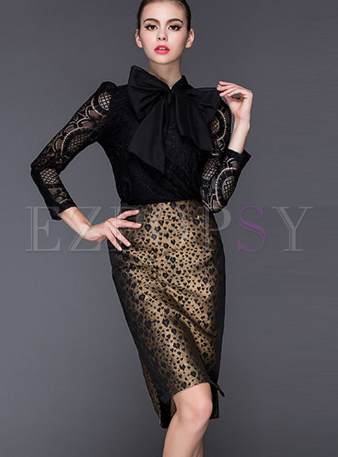 Black Lace Leopard Bodycon Suit Dress
