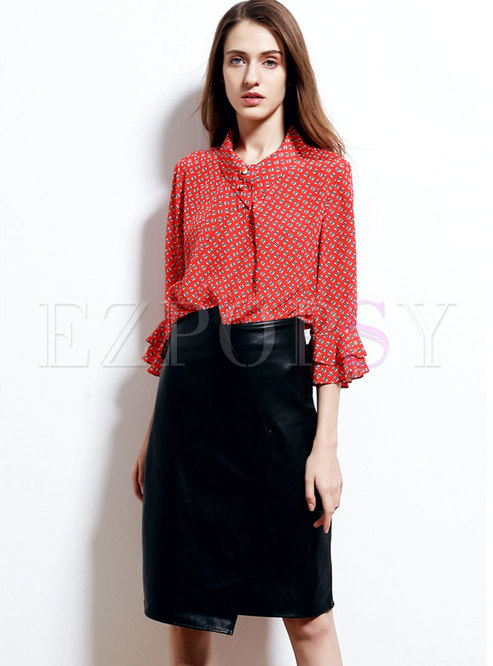 Stylish Print Flare Sleeve Turn Down Collar Pullover Blouse