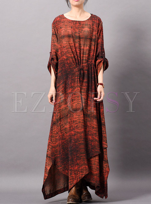 Print O-neck Long Sleeve Asymmetric Maxi Dress