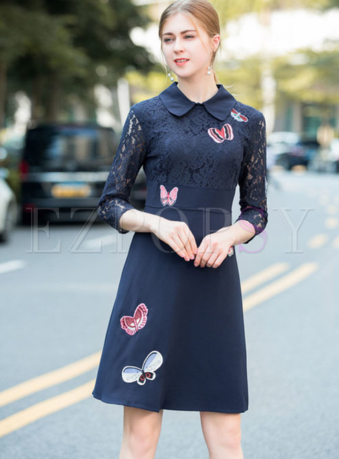 Lace Splicing Lapel Embroidered High Waist Slim Skater Dress