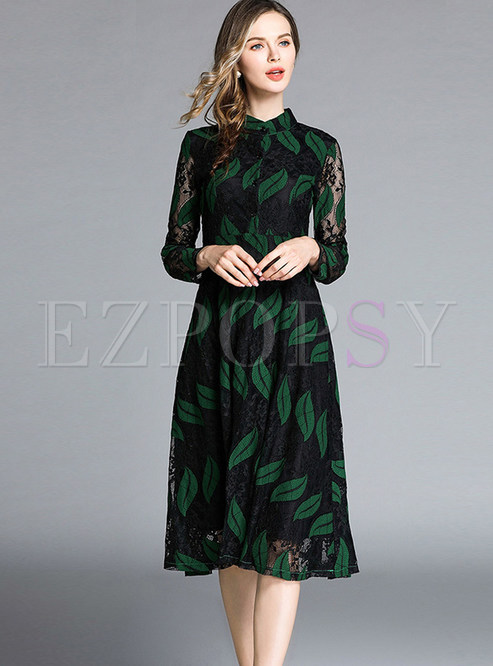 Standing Collar Perspective Hollow Out Lace Dress