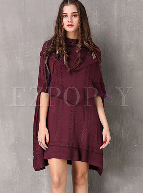 Chic Standing Collar Falbala Hollow Out Cloak Knitted Dress