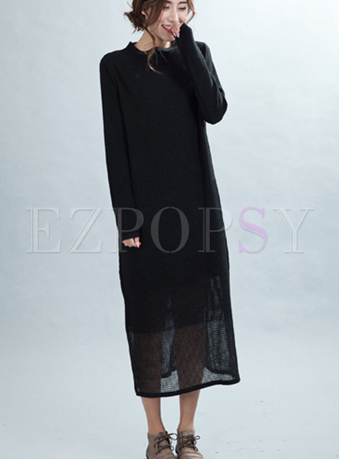 Casual Black Crew-neck Woolen Knitted Dress