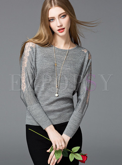 Tops | Sweaters | Casual Grey Bat Sleeve Knitted Perspective Sweater