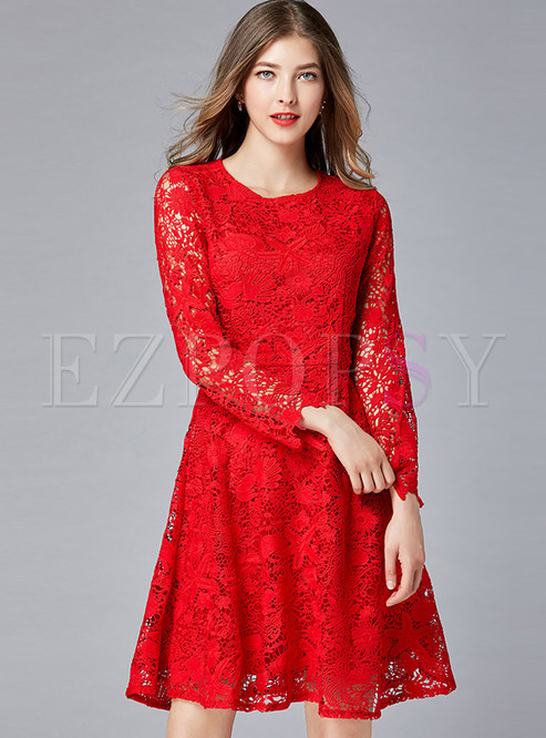 Fashion O-neck Long Sleeve Hollow Out Lace Skater Dress