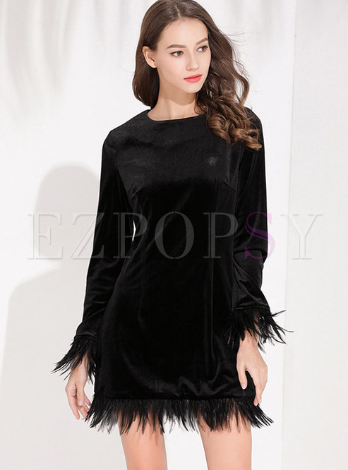 Black Long Sleeve Fringed Velvet Mini Dress