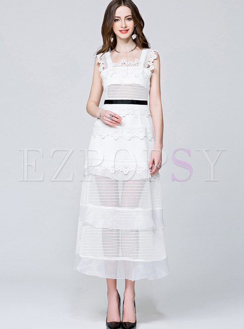 Sexy Square Neck High Waist Lace Splicing Perspective Dress