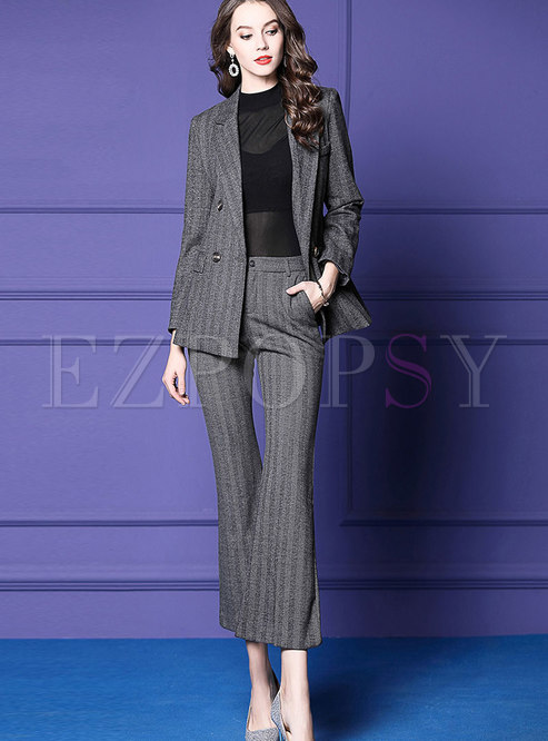Fashion Grey Striped Blazer & High-rise Slim Flare Pants