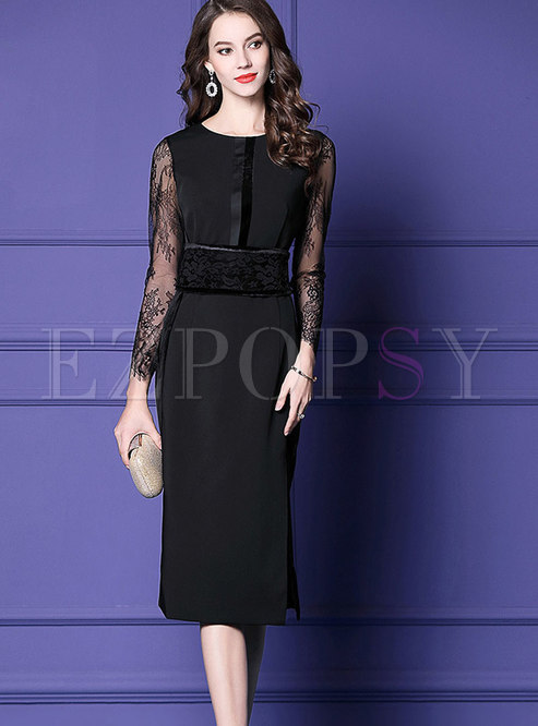 Black Lace Stitching Velvet Knee-length Sheath Dress