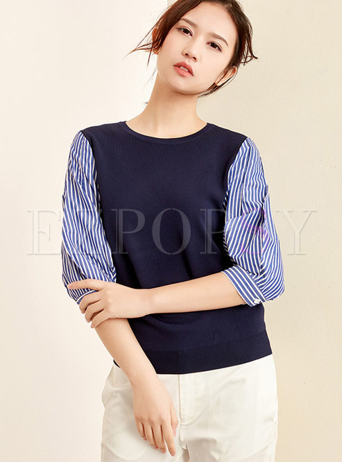 Striped Splicing Lantern Sleeve O-neck Knitted Sweater