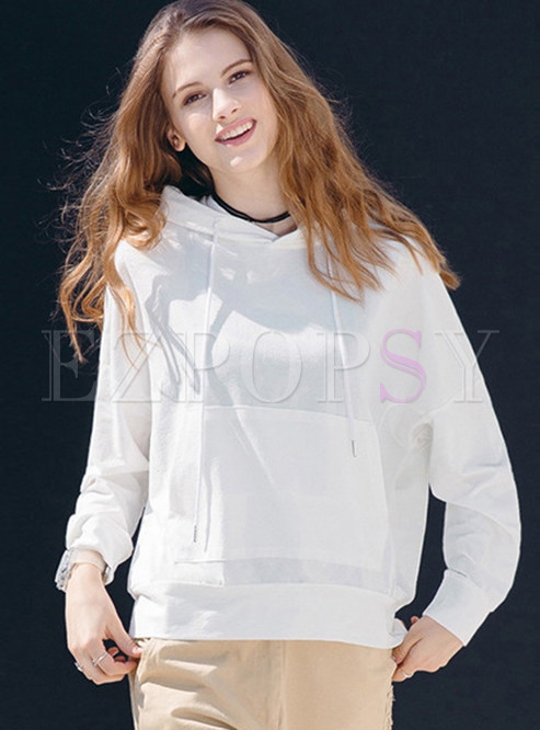Pure Color Hooded Tied Pullover Sweatshirt With Pocket