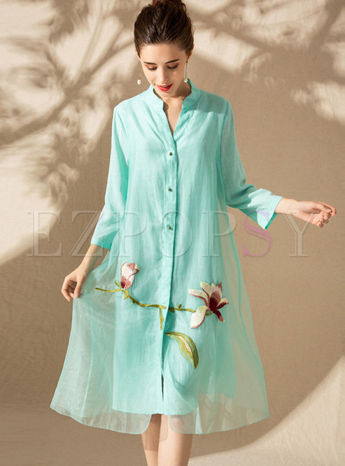 Green Three Quarters Sleeve Embroidered A Line Dress