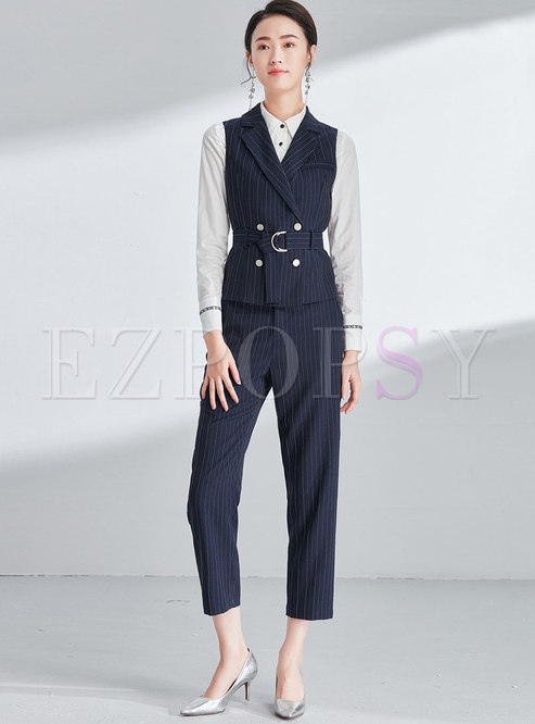 Striped Turn Down Collar Belted Vest & Striped Straight Pants