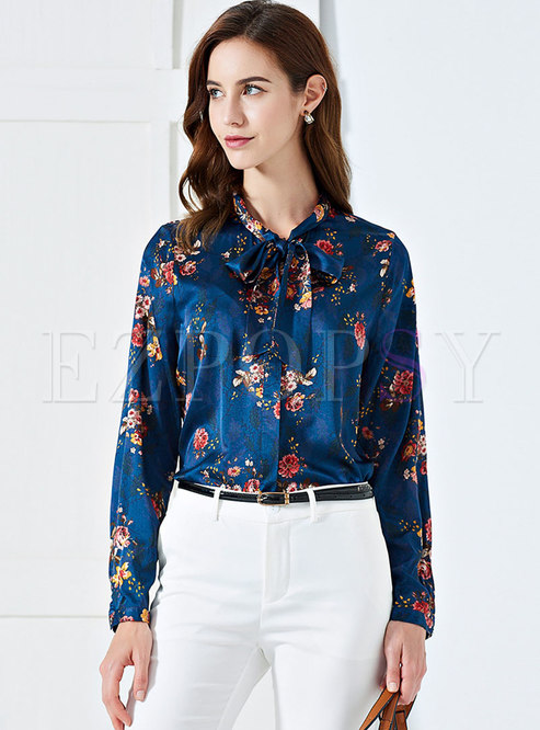 Chic Print Stand Collar Bowknot Slim Blouse