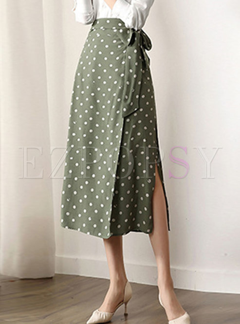 Fashion Polka Dot High Waist Belted Slit Skirt