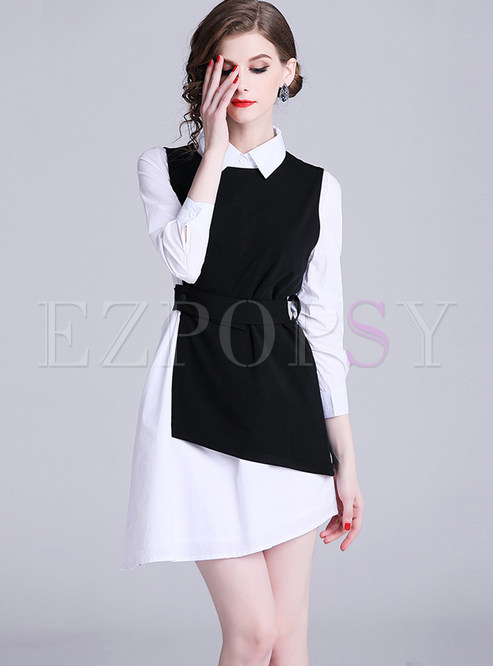 Lapel Long Sleeve Asymmetric Dress & Pullover Vest