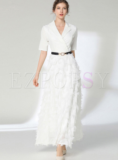 Solid Color Notched Waist Banquet Maxi Dress With Belt