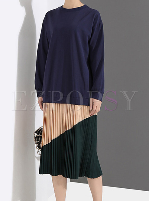 Casual Color-blocked Long Sleeve Splicing Pleated Dress