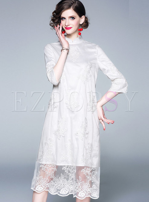 Fashion Stand Collar Mesh Embroidered Perspective Dress