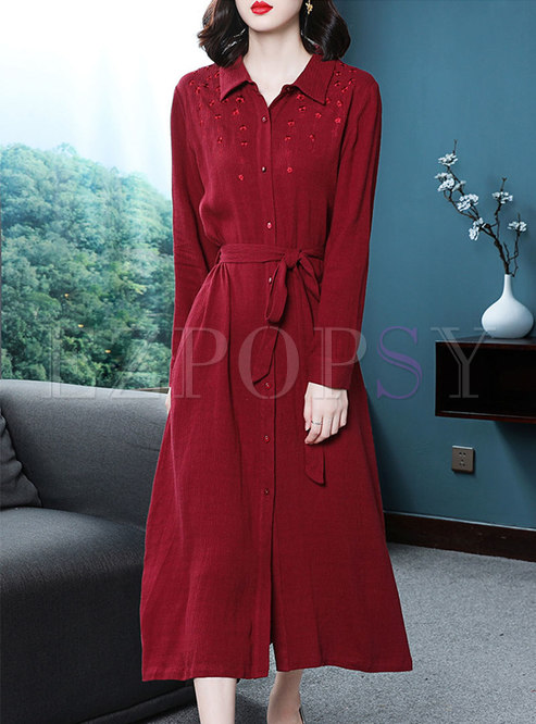 Solid Color Embroidered Lapel Belted Single-breasted Maxi Dress