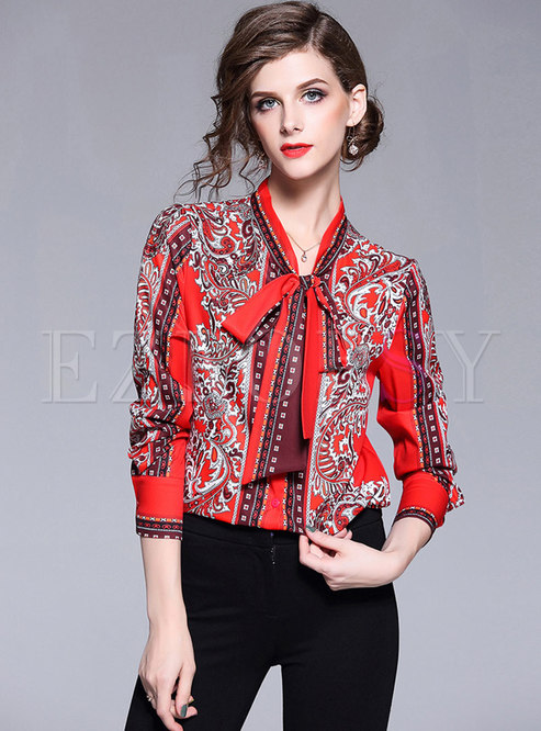 Chic Print Scarf Collar Single-breasted Blouse