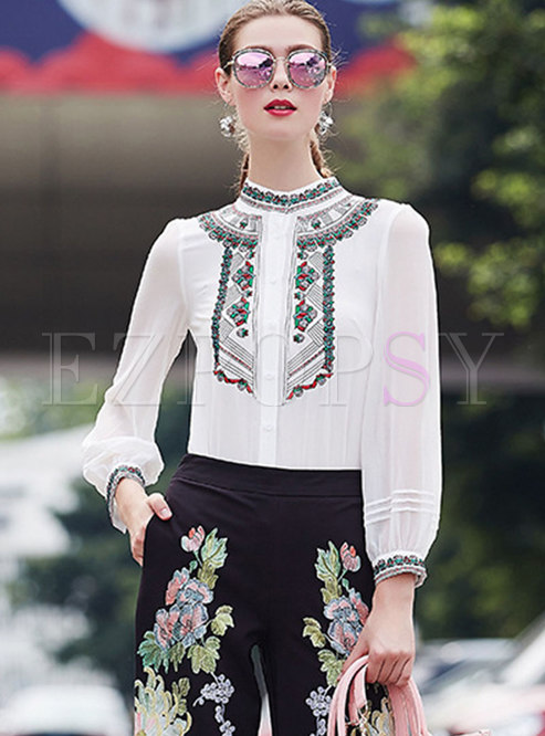 Elegant White Embroidered Stand Collar Single-breasted Blouse