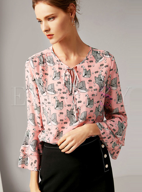 Chic Pink V-neck Long Sleeve Pullover Blouse