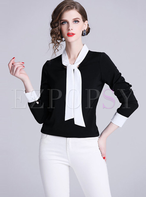 Fashion Color-blocked Bowknot Standing Collar Blouse