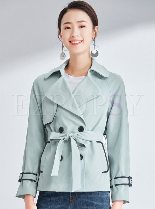 Color-blocked Turn Down Collar Belted Short Trench Coat
