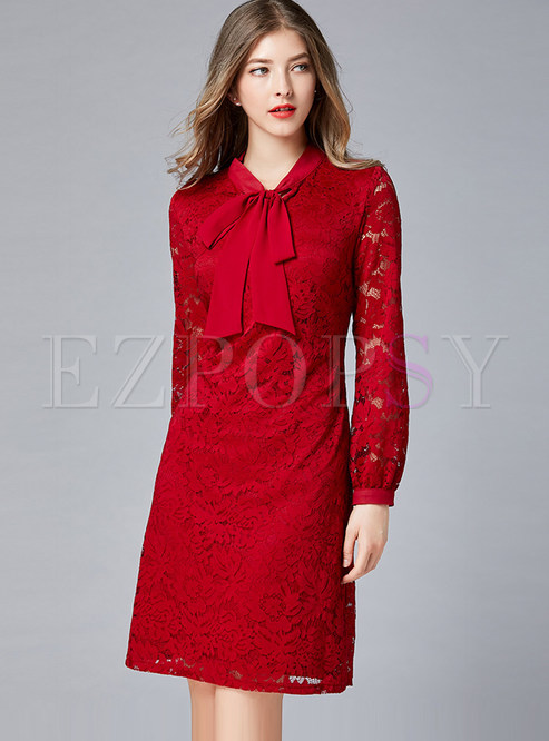 Dresses | Bodycon Dresses | Bowknot Standing Collar Long Sleeve Lace Dress