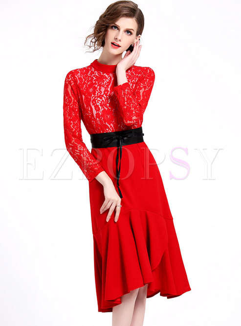 Lace Splicing Stand Collar Belted Asymmetric Mermaid Dress