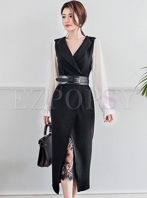 Elegant Color-blocked Splicing Notched Belted Bodycon Dress