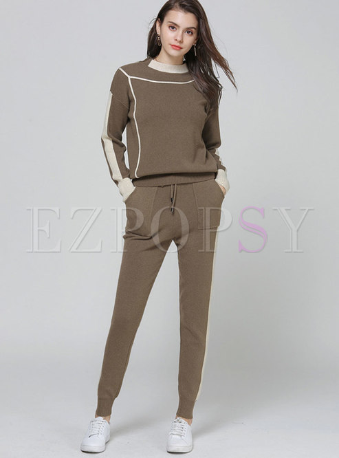 Casual Color-blocked Stand Collar Knitted Sweater & Elastic Waist Straight Pants