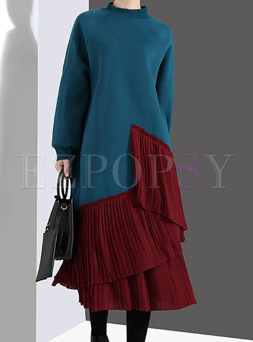 Color-blocked Standing Collar Splicing Chiffon Pleated Dress