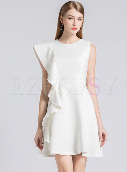 Elegant White O-neck Sleeveless Falbala Mini Dress