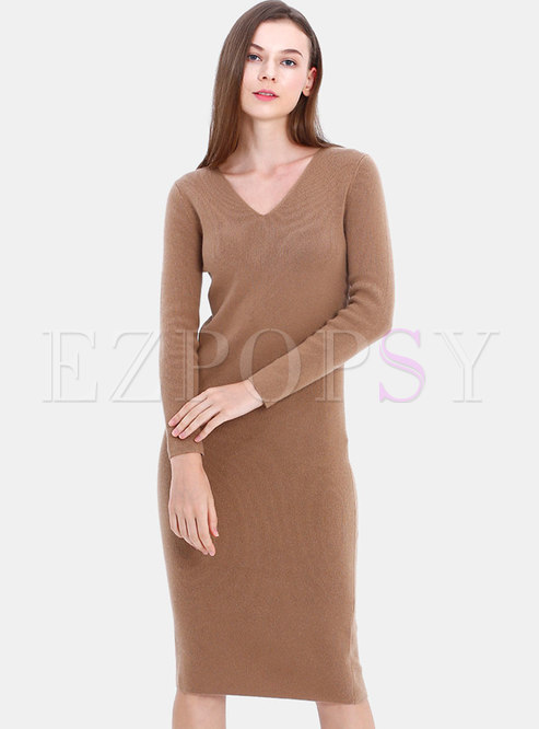 Brief Solid Color V-neck Sheath Knitted Dress