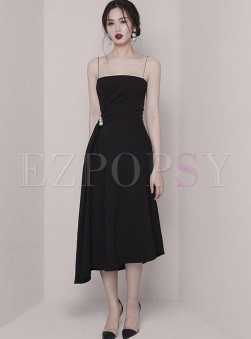 Sexy Black Gathered Waist Beaded Asymmetric Slip Dress