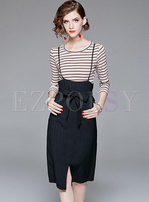 Striped O-neck Slim T-shirt & Black High Waist Slit Slip Dress