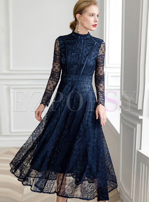 Mock Neck Long Sleeve Embroidered Prom Dress